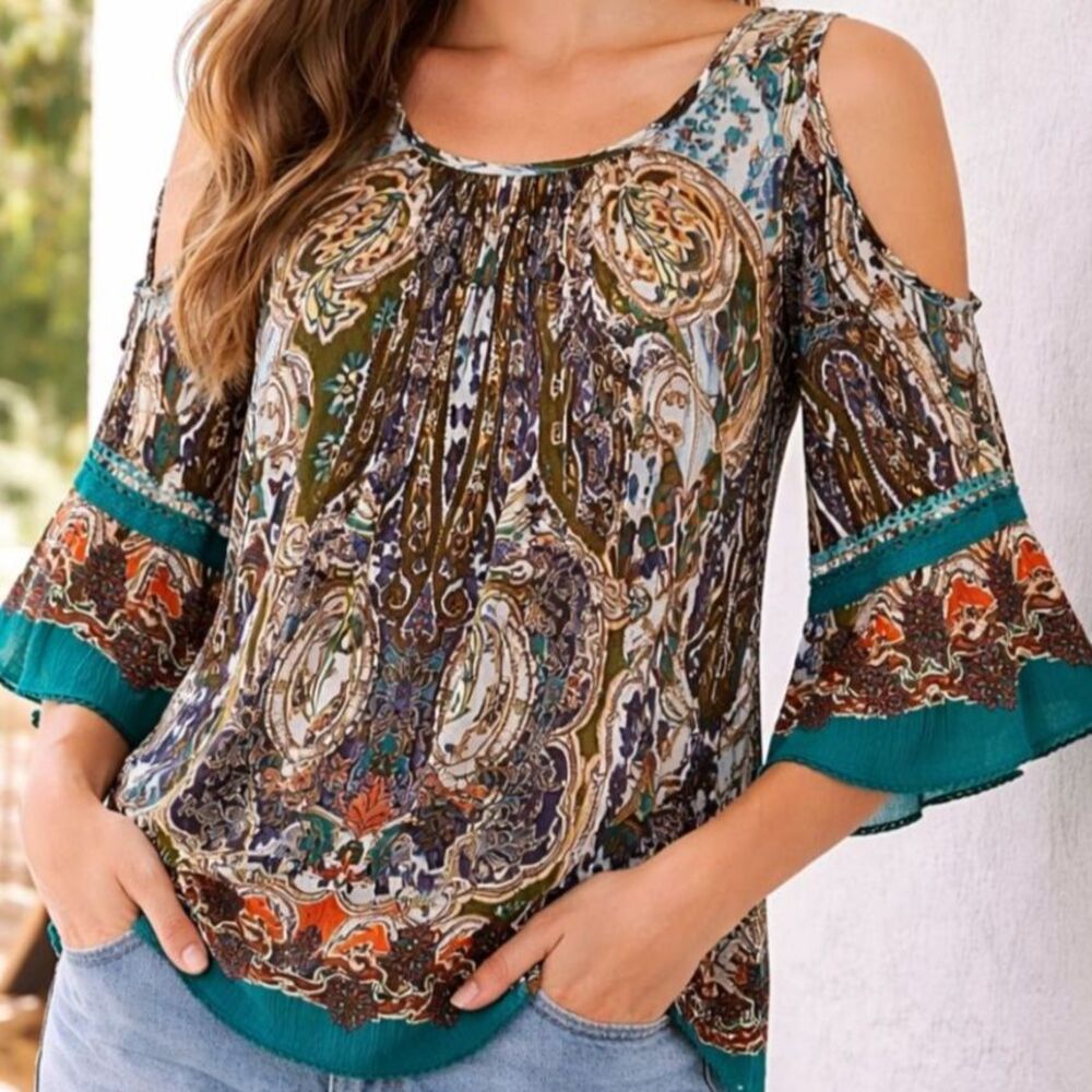 Bila Boho Paisley Blouse Cold Shoulder Bell Sleeve Festival Top S NWT